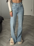 Women High Waist Wide Leg Jeans Asymmetric Criss Cross Waistband Distressed Denim Pants Side Split Hem Streetwear Fashion Long Trousers