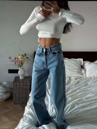 Women's Vintage High Waist Wide Leg Jeans Washed Blue 100% Cotton Denim Loose Fit Streetwear Long Pants For Women