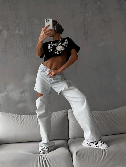 Women's High Street Vibe High Waisted 100% Cotton Denim Jeans Button Cut Out Patchwork Wide Leg Trousers American Streetwear Sexy Chic Loose Pants
