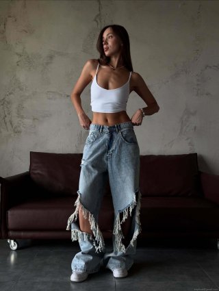 Women's High Waist Wide Leg Jeans 100% Cotton Ripped Distressed Fringed Denim Pants American Hip-Hop Streetwear Loose Baggy Casual Trousers