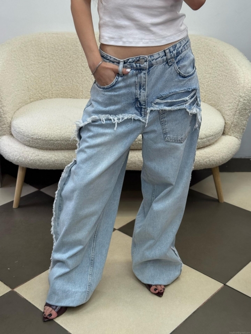 High Waist Distressed Patchwork Jeans Women Wide Leg Straight Denim Pants With Raw Edge Fringe Streetwear Spice Girl Fashion Long Trousers