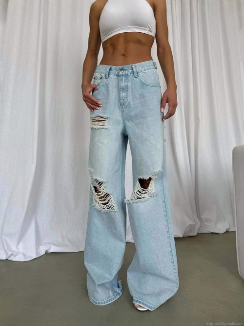 Women's Light Blue High Waisted Ripped Jeans Distressed Wide Leg Denim Pants Washed Straight Streetwear Casual Trousers For Women