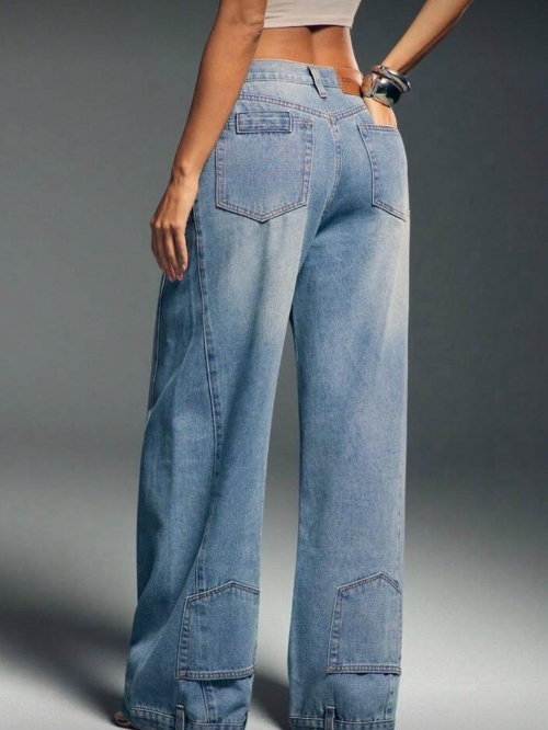 Women's American Retro High Waisted Wide Leg Jeans Washed Distressed Cotton Denim Straight Floor Length Pants Streetwear Casual Loose Denim Trousers