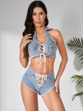 Sexy High Waist Lace-up Denim Shorts And Halter Crop Top Set For Women Frayed Hem Distressed Denim Co-ords Summer Beach Party Wear