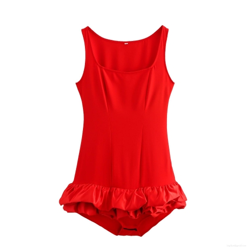 Women Sexy Square Neck Sleeveless Ruffle Hem Romper Polyester Solid Color High Waist Slim Fit Bodycon Jumpsuit With Safety Pants For Party Clubwear