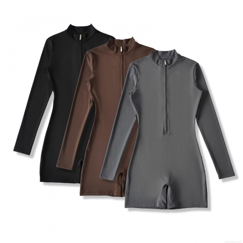 Women Long Sleeve Slim Fit Half Zip Up Romper One Piece Fitness Yoga Jumpsuit High Elastic Stand Collar Solid Short Jumpsuits For Workout Casual Streetwear