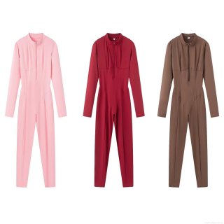 Women's Slim Fit Sporty Yoga Jumpsuit Long Sleeve Cotton Blend Catsuit With Zipper Mock Neck One Piece Bodycon Romper For Activewear Streetwear