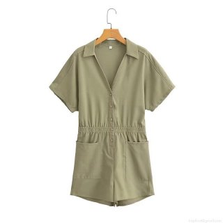 Women's Casual Cotton Linen Short Sleeve Romper Utility V-Neck Button Up Short Jumpsuit With Pockets Elastic Waist Summer Streetwear Fashion