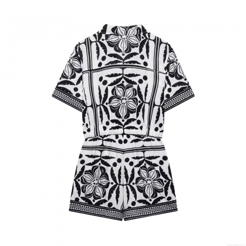 Women's Geometric Floral Print Romper Jumpsuit Lapel Short Sleeve Button Down Elastic Waist Polyester Woven Summer Casual Vacation Outfits Play Suit