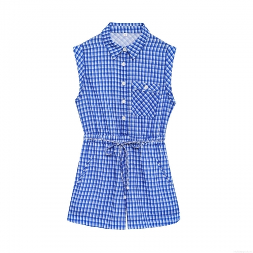 Women's Plaid Sleeveless Romper V-Neck Button Up Cotton Blend Jumpsuit Short Playsuit With Drawstring Waist Casual Streetwear Summer Fashion