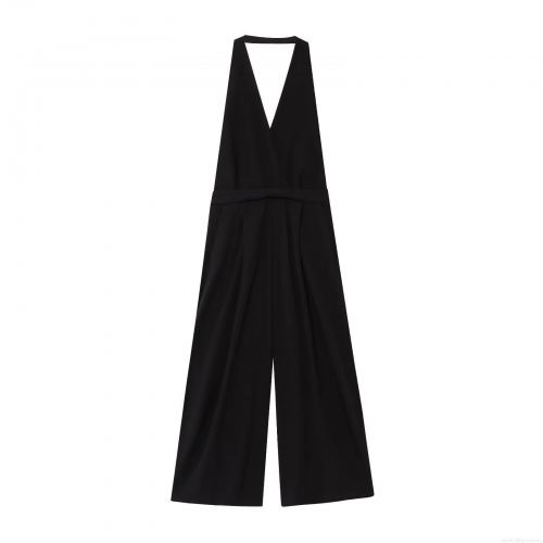 Women's Sexy Halter Neck Deep V Backless Jumpsuit With Back Bow Tie High Waist Wide Leg Long Pants Polyester Cotton Blend Elegant Streetwear One Piece Outfit