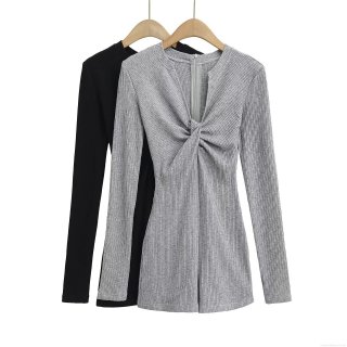 Women's Sexy Deep V Neck Long Sleeve Bodysuit Romper Ribbed Knit Slim Fit Jumpsuit With Twist Knot Zipper Casual Streetwear Fashion Women Clothing
