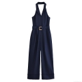 Women's Halter Neck Backless Jumpsuit With Belt Elegant Wide Leg Polyester Romper For Summer Party Ladies