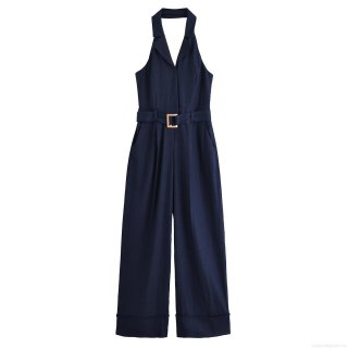 Women's Halter Neck Backless Jumpsuit With Belt Elegant Wide Leg Polyester Romper For Summer Party Ladies