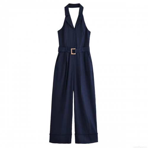 Women's Halter Neck Backless Jumpsuit With Belt Elegant Wide Leg Polyester Romper For Summer Party Ladies
