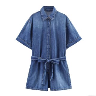 Women Western Style Denim Romper Short Sleeve Lapel Button Up Jumpsuit With Belt Royal Blue Summer Streetwear Casual Fashion Denim Playsuit