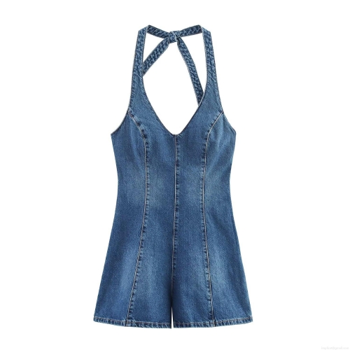 Sexy Backless Halterneck Denim Romper for Women Washed Blue Sleeveless Jumpsuit Summer Slim Fit Short Playsuit Streetwear Polyester Jumpsuit