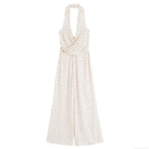 Women's Halter Polka Dot Jumpsuit Sexy Deep V Neck Sleeveless Wide Leg One Piece Romper With Metal Buckle Fashion Backless Long Overalls