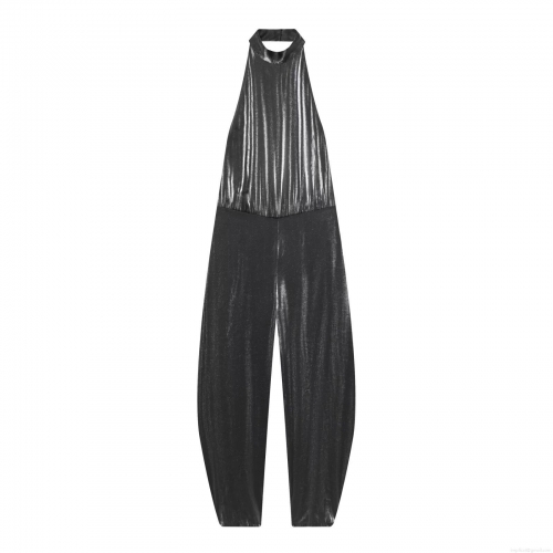 Sexy Halter Neck Backless Jumpsuit Metallic Shimmer Sleeveless Wide Leg Long Pants Party Clubwear Vacation Women Jumpsuits Rompers High Waist