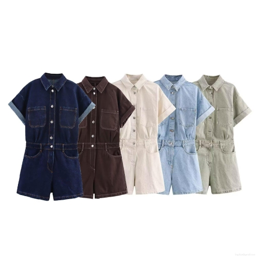Women's Summer Short Sleeve Denim Romper Washed Cotton Turn-down Collar Button Up Cargo Jumpsuit With Pockets Casual Utility Playsuit Fashion One Piece Outfit