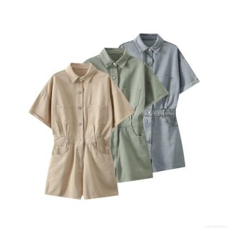 Women's Casual Utility Short Jumpsuit Cotton Blend Lapel Short Sleeve Single Breasted Romper With Pockets Summer Solid Color Waist Cinched One Piece Fashion Outfit For Women