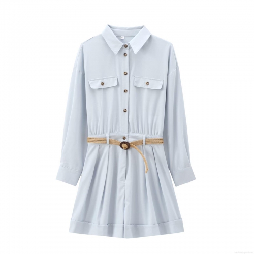 Women's Long Sleeve Jumpsuit Cotton Linen Blend With Braided Belt Button Down Collared High Waist Pleated Shorts Romper Chic Office Casual Summer Elegant Outfits
