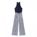 Women Halter Neck Jumpsuit Sleeveless Cotton Linen Blend Navy Blue Patchwork Blue White Striped Wide Leg Long Pant Casual One Piece Outfit With Waist Tie