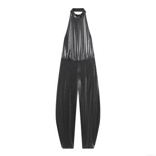 Sexy Halter Neck Backless Metallic Jumpsuit For Women Sleeveless High Waist Wide Leg Long Pants Party Clubwear Evening Romper