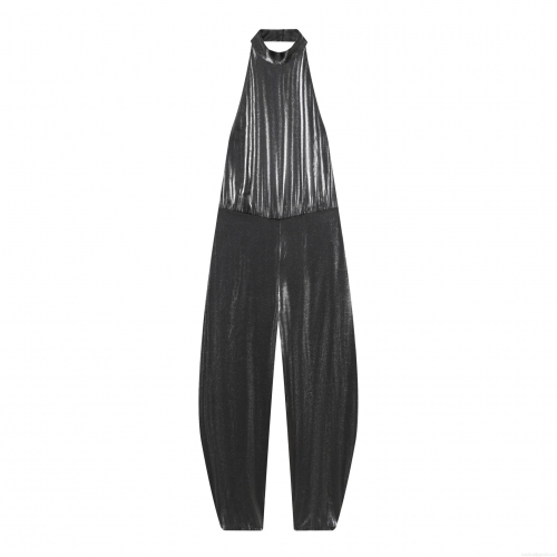Sexy Halter Neck Backless Metallic Jumpsuit For Women Sleeveless High Waist Wide Leg Long Pants Party Clubwear Evening Romper