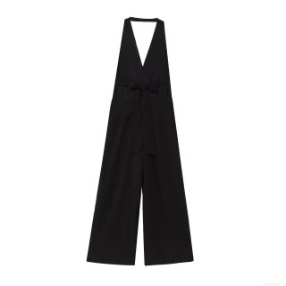 Women's Halter V Neck Jumpsuit Cotton Linen Sleeveless Wide Leg Pants Romper With Bow Tie Waist Elegant One Piece Long Playsuit For Party Summer Evening Clubwear