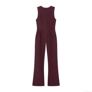 Women's Sleeveless V-Neck Slim Fit Jumpsuit Spandex Elegant Solid Burgundy Front Zipper Wide Leg One Piece Ski Style Fashion Clubwear Romper