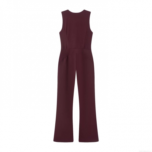 Women's Sleeveless V-Neck Slim Fit Jumpsuit Spandex Elegant Solid Burgundy Front Zipper Wide Leg One Piece Ski Style Fashion Clubwear Romper