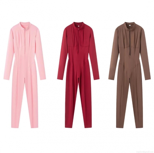 Women's Long Sleeve Jumpsuits Zip Up Mock Neck Bodycon One Piece Sporty Rompers High Elastic Slim Fit Spandex Bodysuit Outfits For Women