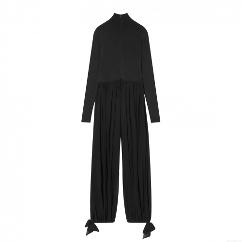 Women Elegant Mock Neck Long Sleeve Jumpsuit Pleated Wide Leg Long Pants With Bow Tie Ankle And Thumb Holes Solid Color Party Jumpsuit For Women
