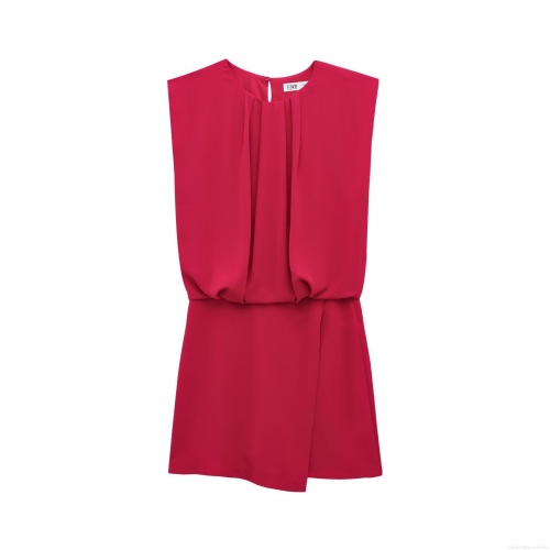 Women's Elegant Sleeveless Round Neck Pleated Waist Jumpsuit Summer Solid Color Polyester Chiffon Texture Short Romper Casual Streetwear Playsuit for Lady