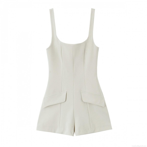 Women's Sexy Backless Sleeveless Cotton Blend Denim Jumpsuit Square Neck Short Romper With Flap Pockets Slim Fit Summer Jumpsuits For Women Party Clubwear Streetwear