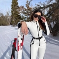 Women's Color Block One Piece Ski Suit Waterproof Windproof Slim Fit Jumpsuit With Belt Outdoor Winter Sportswear Snowsuit