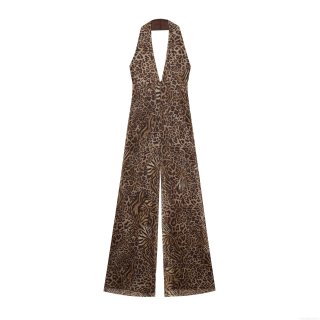 Sexy Women Leopard Print Halter Jumpsuit Sleeveless Mesh Polyester Cotton Blend V Neck Wide Leg Straight Long Romper Party Clubwear