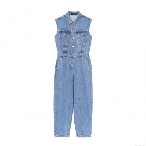 Women's Sleeveless Washed Denim Jumpsuit Balloon Silhouette Button Up Lapel One Piece Romper With Multi Pockets Casual Cotton Blend Jumpsuit For Summer Women Clothing
