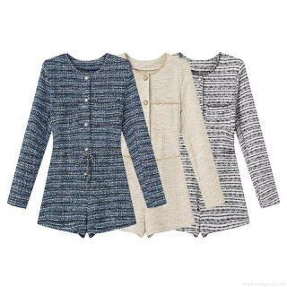 Women Elegant French Tweed Long Sleeve Romper With Metal Buttons And Chain Belt Slim Fit Socialite Style Short Jumpsuit One Piece Playsuit