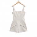 Women's Elegant White Sleeveless Romper Square Neck Slim Fit Woven Polyester One-Piece Shorts With Pockets Summer Fashion Party Ladies Casual Outfits