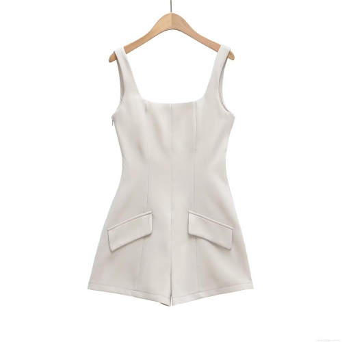 Women's Elegant White Sleeveless Romper Square Neck Slim Fit Woven Polyester One-Piece Shorts With Pockets Summer Fashion Party Ladies Casual Outfits
