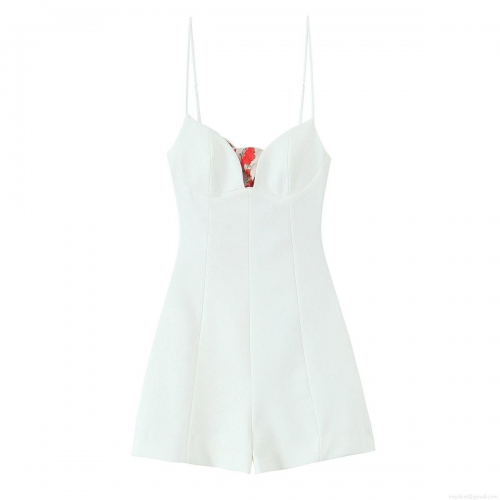 Women Sexy V Neck Spaghetti Strap Romper Cotton Polyester Blend Floral Bow Sleeveless Short Jumpsuit For Summer Beach Party Vacation Elegant White Play suit