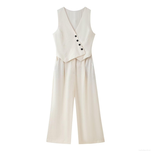 Women's Sleeveless V-Neck Wide Leg Jumpsuit Cotton Polyester Linen Blend Asymmetrical Button Front High Waist One-Piece Romper For Office Summer Wear