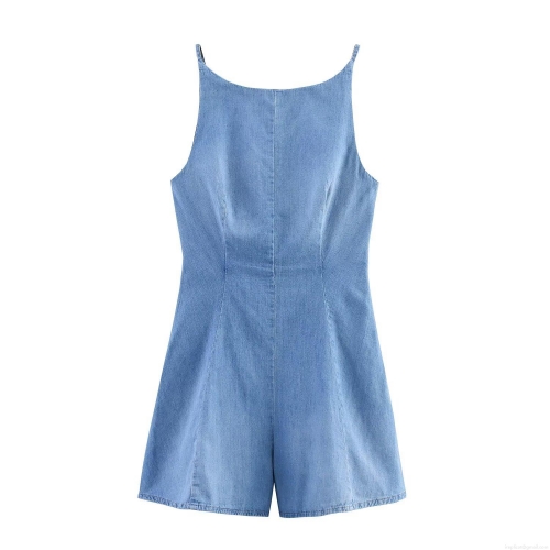 Women's Sleeveless Backless Denim Romper Sexy Tie-Back Hollow Out Jumpsuit Summer Casual Square Neck Denim Blue Playsuit For Vacation Party