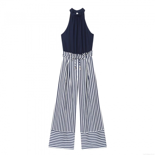 Women's Summer Halter Neck Sleeveless Jumpsuit Cotton Linen Blend Striped Wide Leg Long Pants Romper With Waist Tie Metal Beads Decoration For Vacation Party