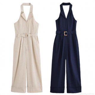 Women's Elegant Halter Neck Jumpsuit with Metal Buckle Belt Lapel Collar Sleeveless High Waist Wide Leg Long Pants Modern Office Business Chic One-Piece Outfit