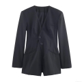 Women's Elegant Long Sleeve Blazer Style Romper Deep V Neck Two Buttons Cotton Blend Solid Black Short Jumpsuit For Spring Autumn Chic Office Lady One Piece Suit