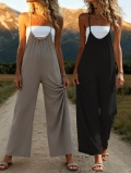 Women's Wide Leg Jumpsuit Sleeveless Solid Color Backless Suspender Romper Casual Vacation Loose Fit 100% Polyester Summer Overall With Pockets