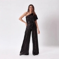 Women's Sexy One Shoulder Sequin Jumpsuit Elegant High Waist Wide Leg Romper Evening Party Clubwear Sparkly Sleeveless Jumpsuit With Ruffles